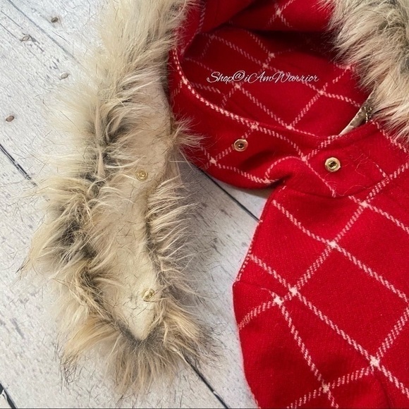 J.Crew lipstick red wool windowpane hooded château parka w/ removable faux trim - Picture 4 of 9